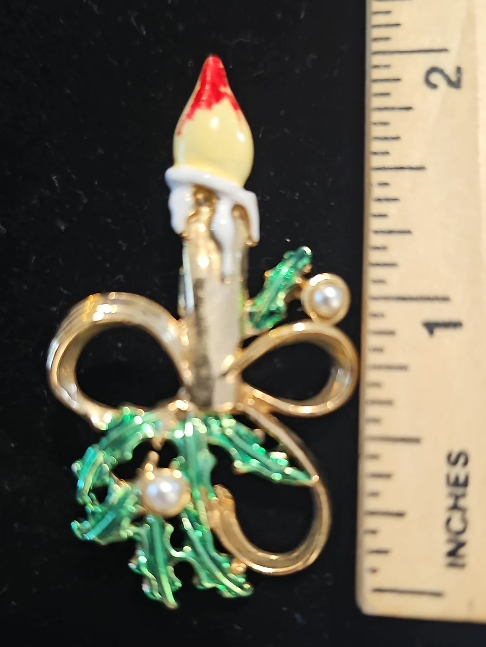 Gold-Tone Holiday Candle Brooch with Green Holly and Red Flame
